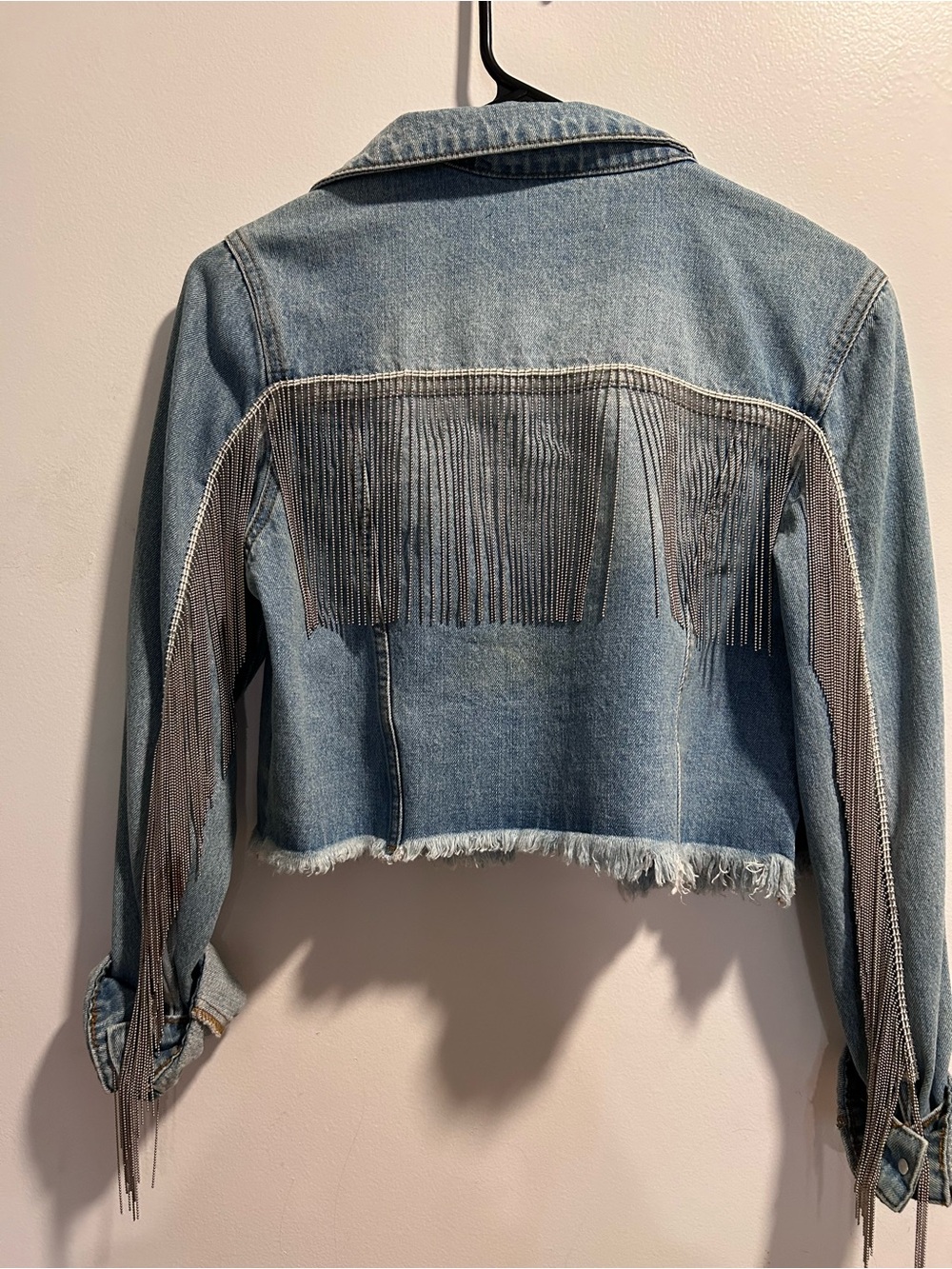 Fringed Light Blue Cropped Denim Jacket